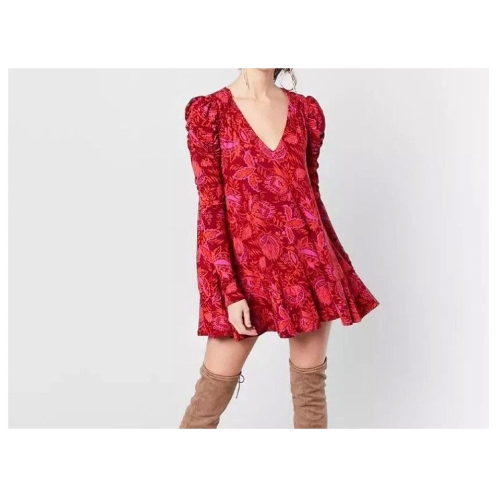 Free People Hello Lover Floral Tunic Top Womens Red Medium Puff‎ Sleeve Paisley